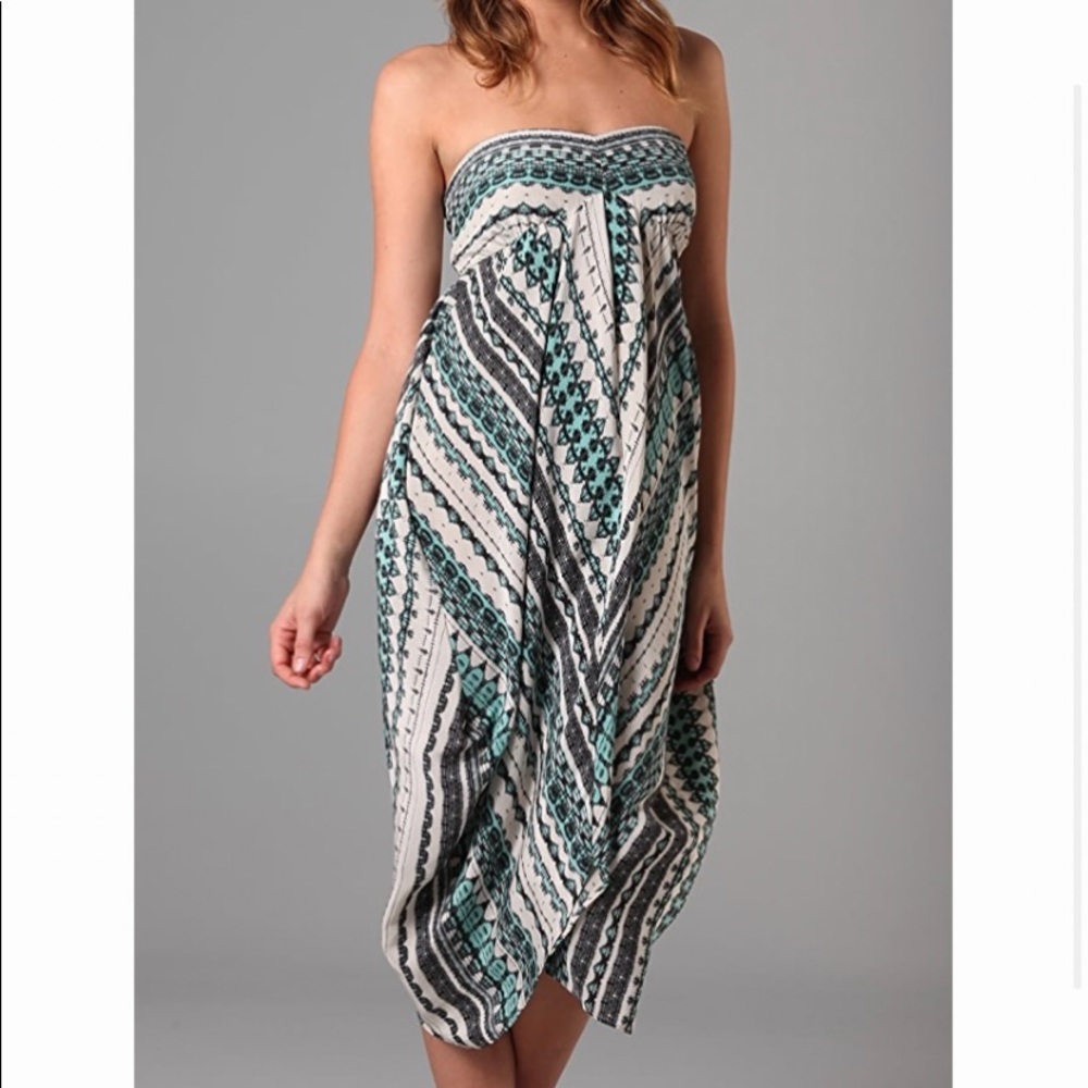 - Myne Regan Silk Strapless Dress in Boho Teal